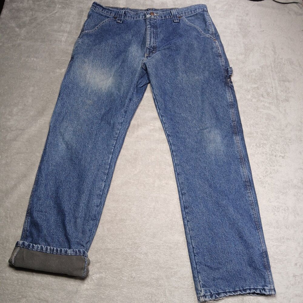 Wrangler Mens 34x32 34 x 32 Blue Denim Fleece Lined Carpenter Jeans Workwear